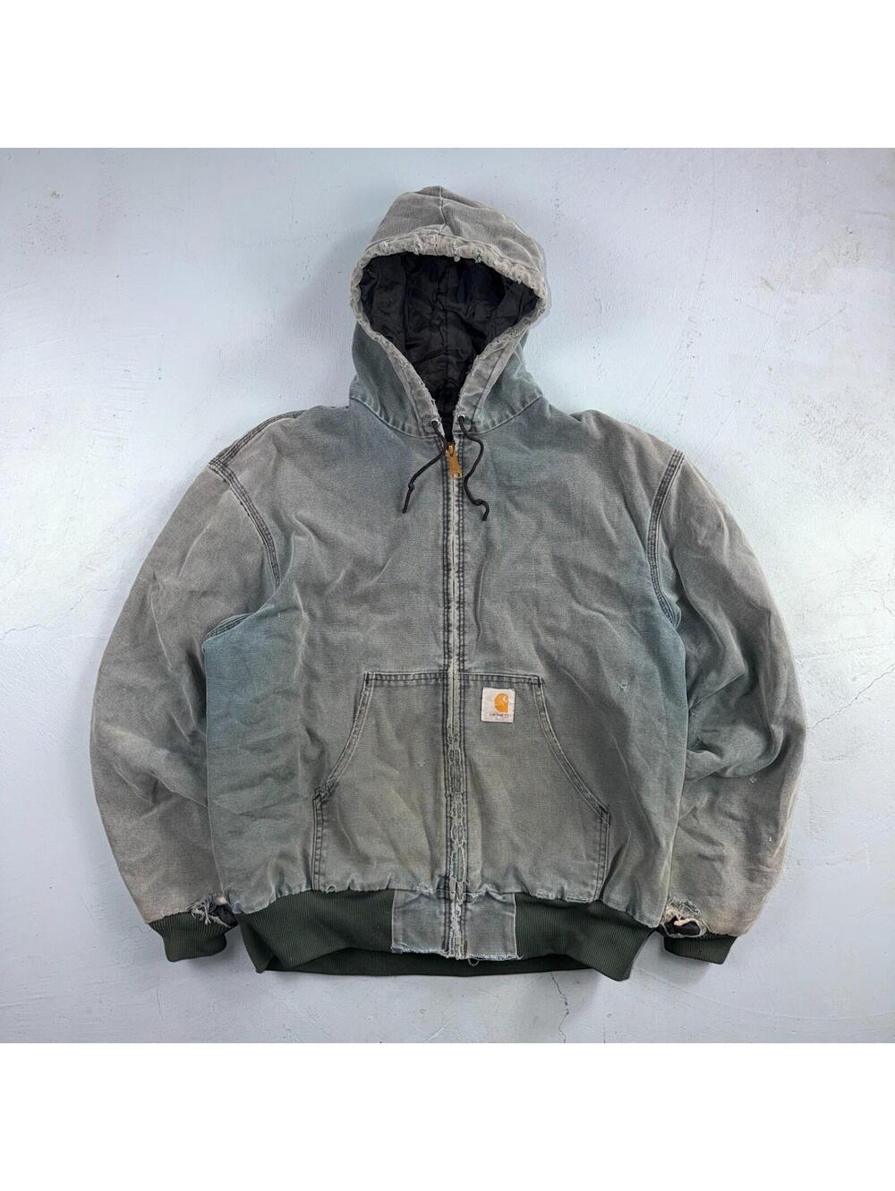 Vintage Carhartt Olive Green Hooded Jacket Bomber Coat Thrashed Faded 90s Y2K